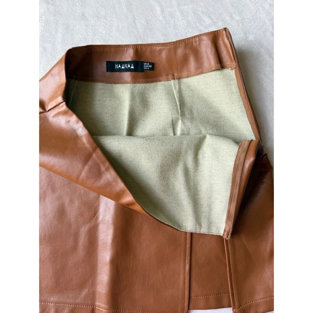 Naanaa Brown Faux Leather Mini Skirt Size US 4‎ Cognac Wrap Front Zip Slit